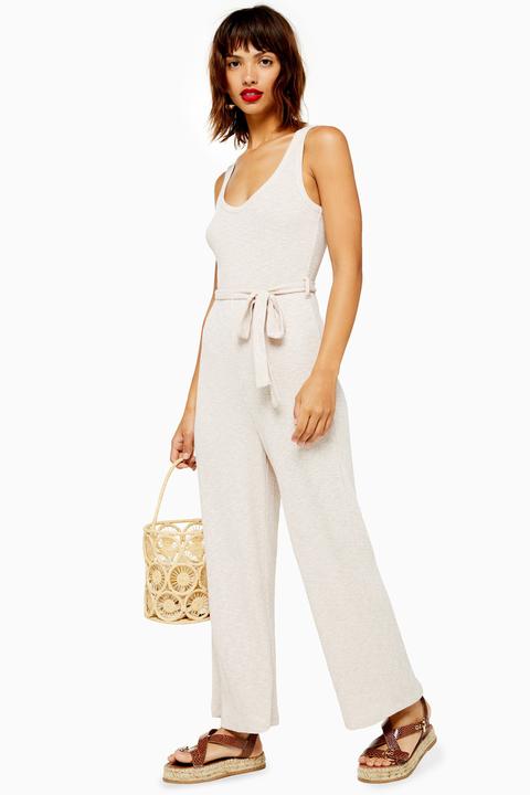 Womens Ribbed Belted Jumpsuit - Natural, Natural