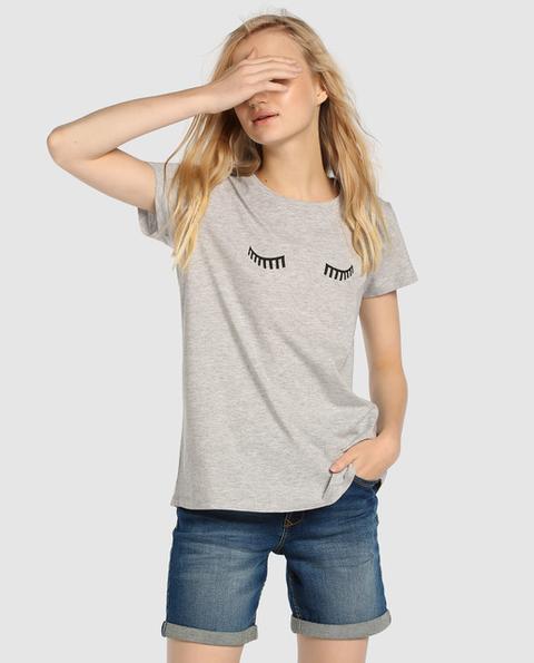 Camiseta De Mujer Gris Con Print Delantero