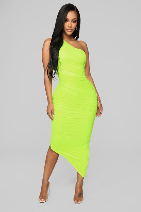 The Center Of Attention One Shoulder Dress - Neon Yellow