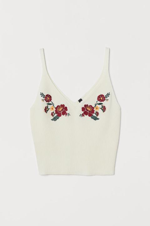 H & M - Top A Costine Con Ricamo - Bianco