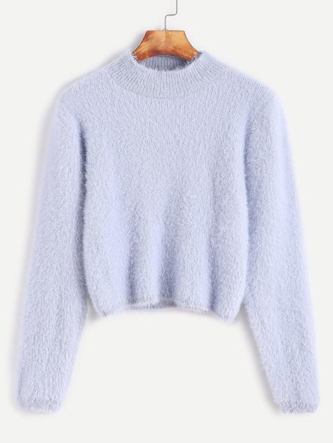 Pale Blue Crew Neck Crop Fuzzy Sweater