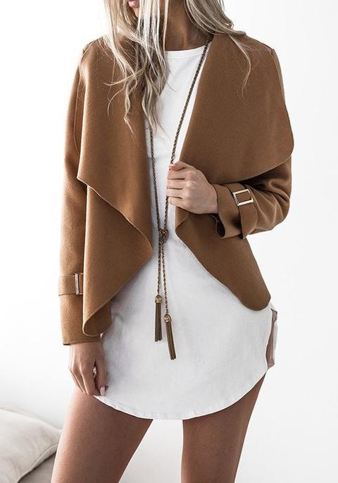 Cappotto Costolato Collare Couverture Poliestere Di Moda Cammello
