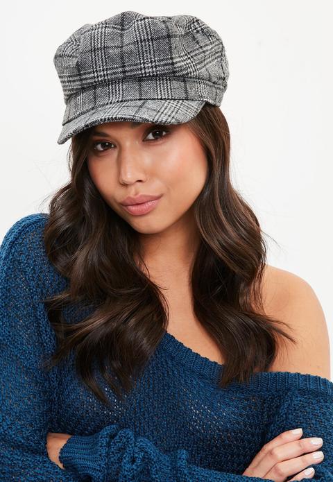 Grey Checked Baker Boy Cap, Grey