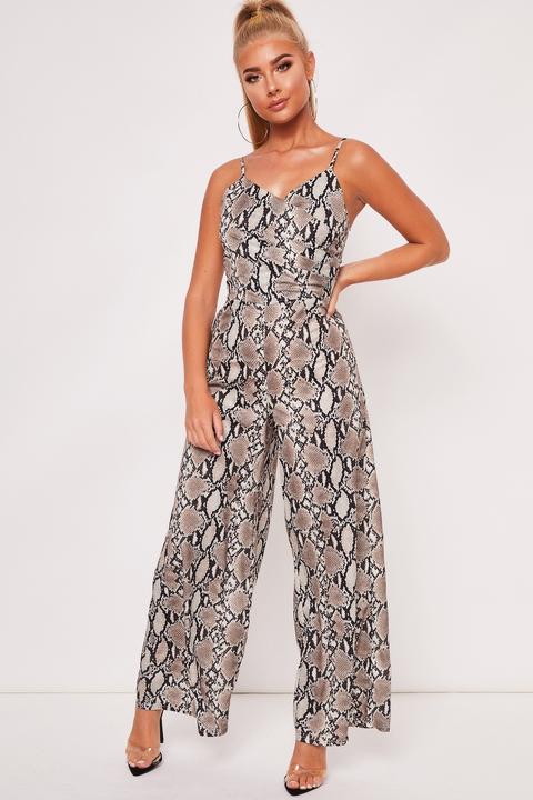 Lola Beige Snake Print Satin Jumpsuit