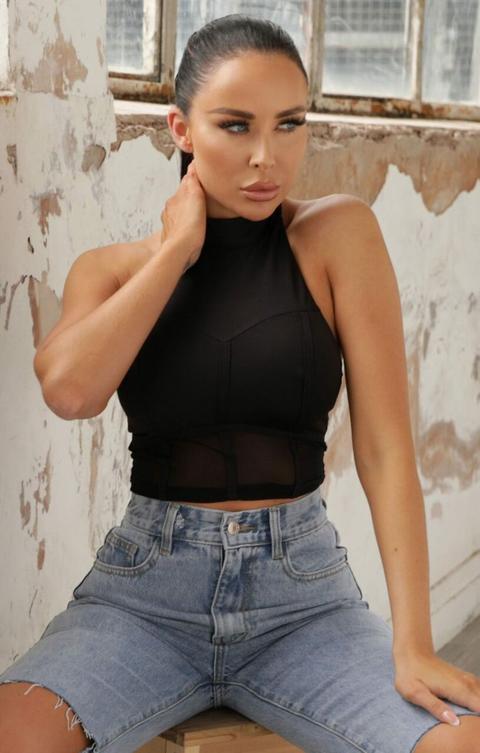Black Mesh Panel High Neck Crop Top - Jessy