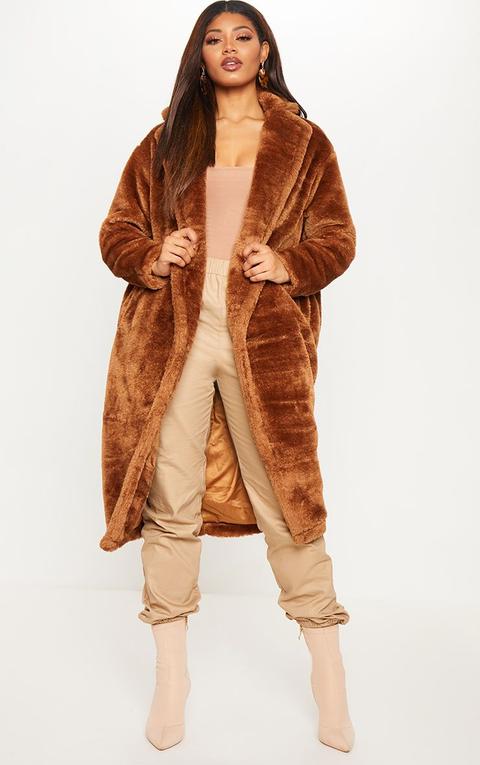 Tall Brown Faux Fur Long Line Coat