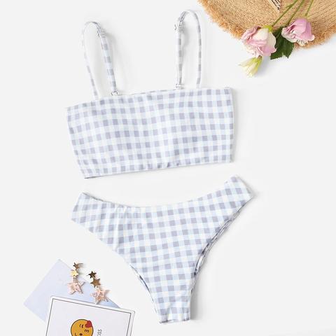 Tapa De La Correa De Espagueti De Gingham Con Bikini Acanalada