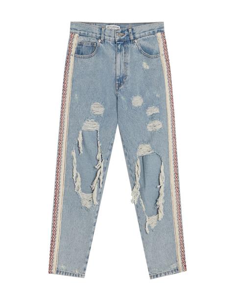 Jeans Mom Fit Con Strappi E Striscia