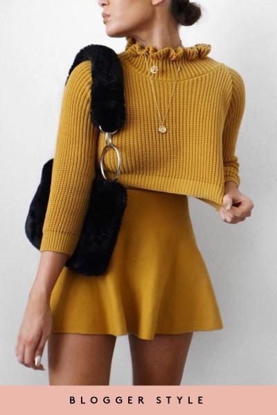 Cordelia Mustard Ruffle Neck Cropped Knitted Jumper