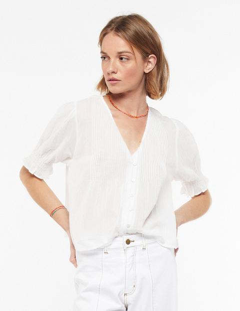 Camisa Escote Pico Jaretas Blanca