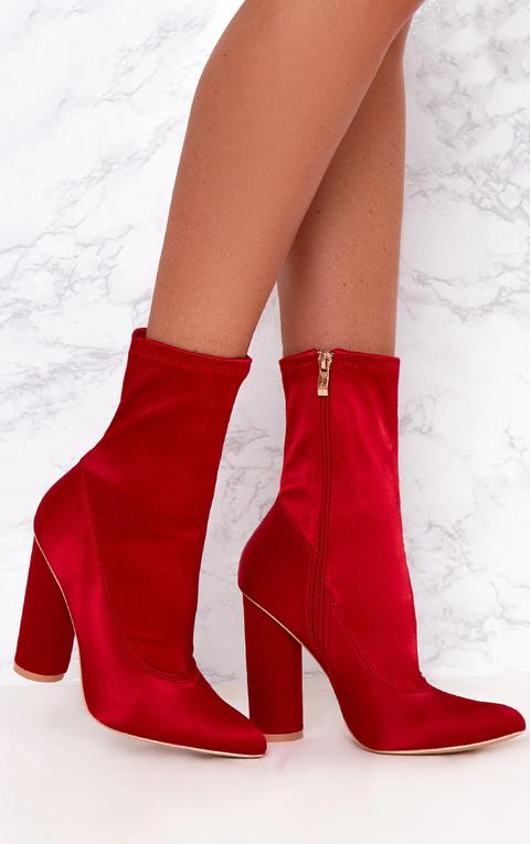 Red Stretch Satin Sock Ankle Boots, Red