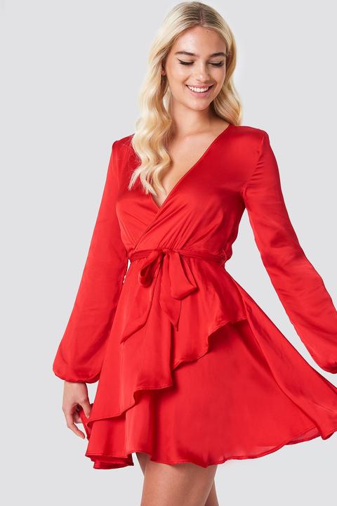 Long Sleeve Tie Waist Dress Red