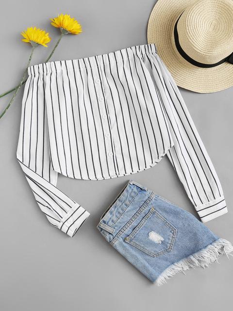 Off Shoulder Single Breasted Striped Top