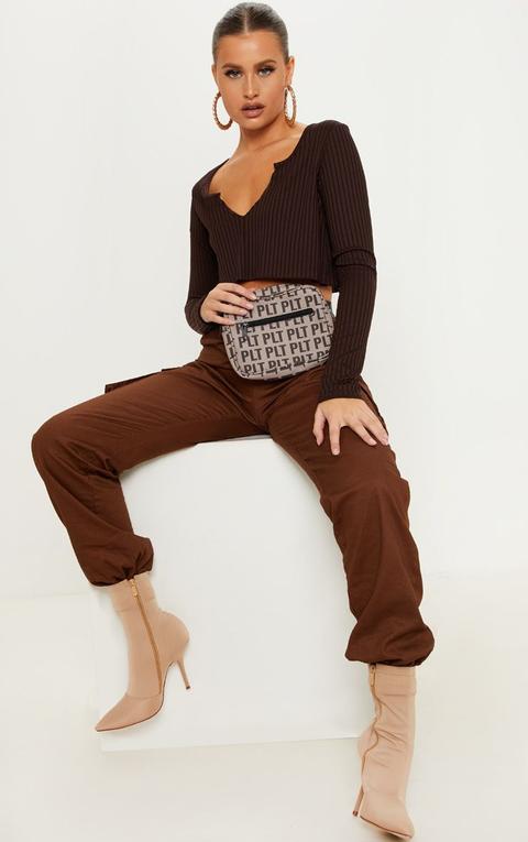 Chocolate Long Sleeve Rib Raw V Crop Top