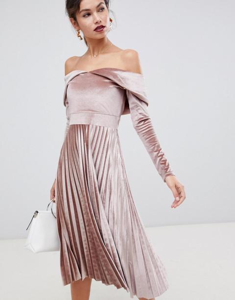 Vestido Midi Con Escote Bardot Y Pliegues En Terciopelo De Asos Design
