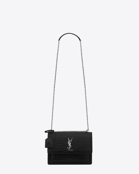 Medium Sunset Monogram Bag In Black Crocodile Embossed Leather