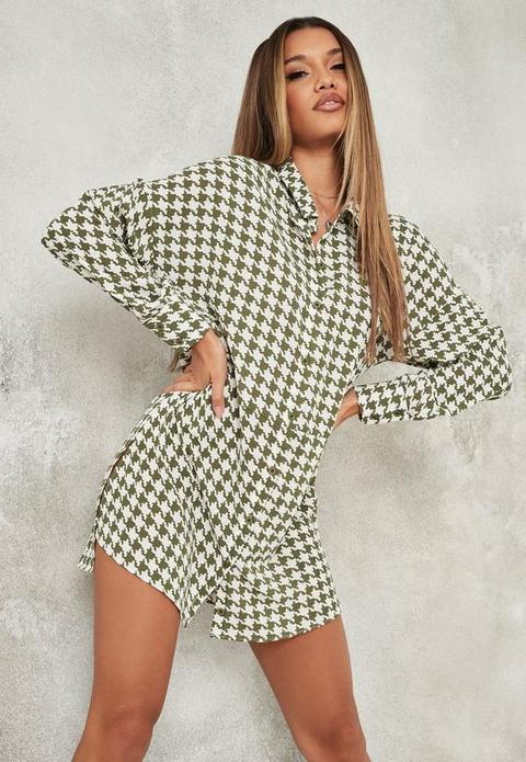 Green Dogtooth Oversized Dip Back Shirt Dress, Green