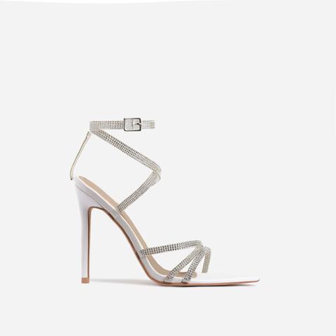 Precious Diamante Detail Pointed Toe Heel In White Patent, White