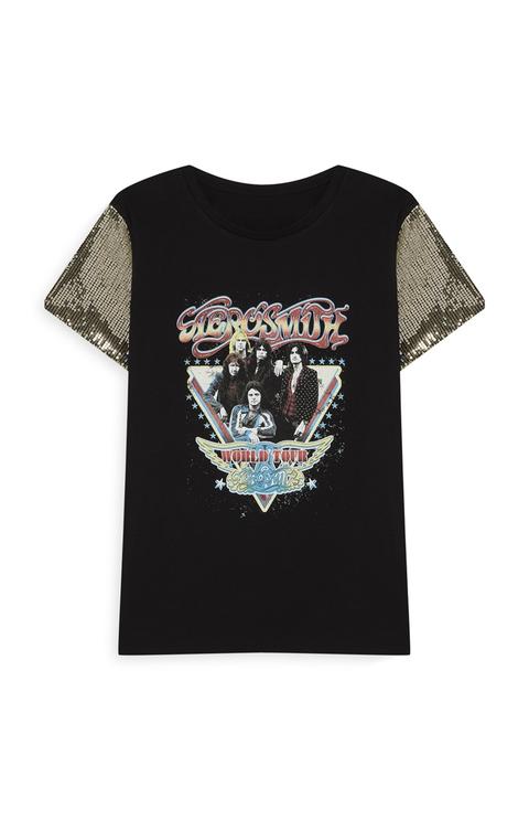 Top Nero Maniche Paillettes Aerosmith