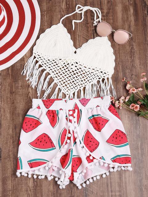 Allover Watermelon Print Pom Pom Trim Wrap Shorts