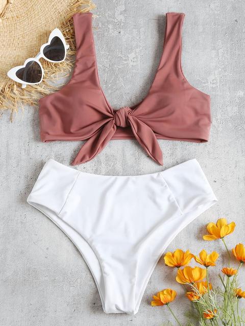 Bikini Annodato Bicolore A Vita Alta Mango Orange Pink Bow Blue Gray Bee Yellow Camouflage Green