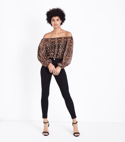 Brown Leopard Print Chiffon Bardot Bodysuit New Look
