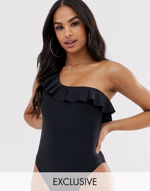 Esclusiva South Beach - Eco - Costume Da Bagno Monospalla Nero Con Volant - Nero