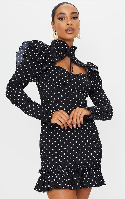 Robe Moulante Noire Imprimé Pois À Bonnets Et Détail Volanté, Noir