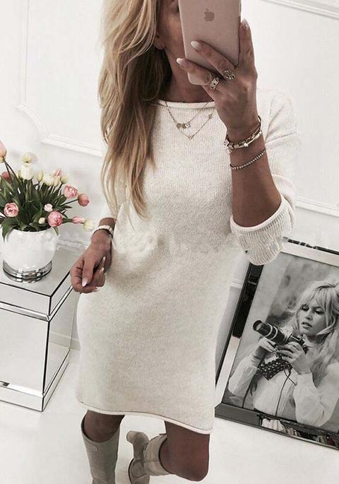 Mini Abito Irregolare Girocollo Manica Lunga Moda Bianco