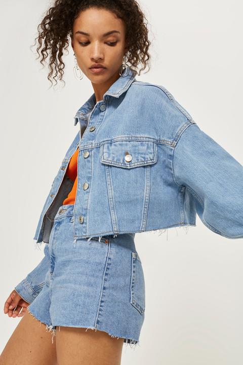 Womens Hacked Off Crop Denim Jacket - Mid Stone, Mid Stone