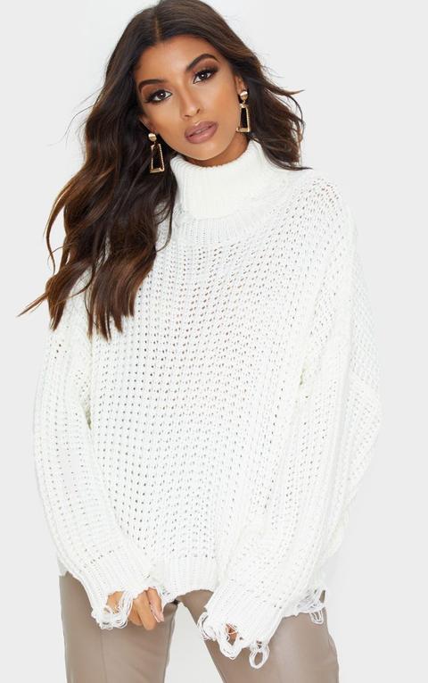 Ivory Distressed Detail Roll Neck Jumper