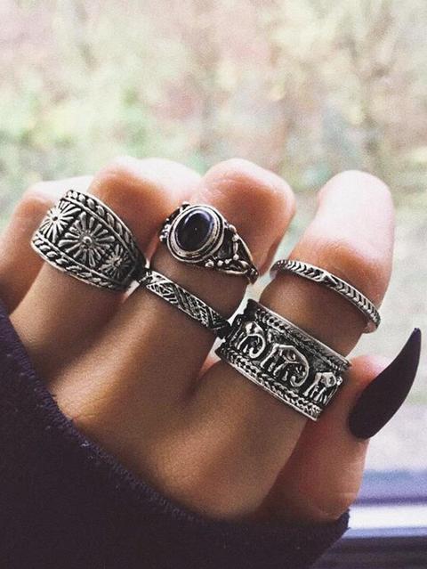 Elephant Engraved Ring Set 5pcs