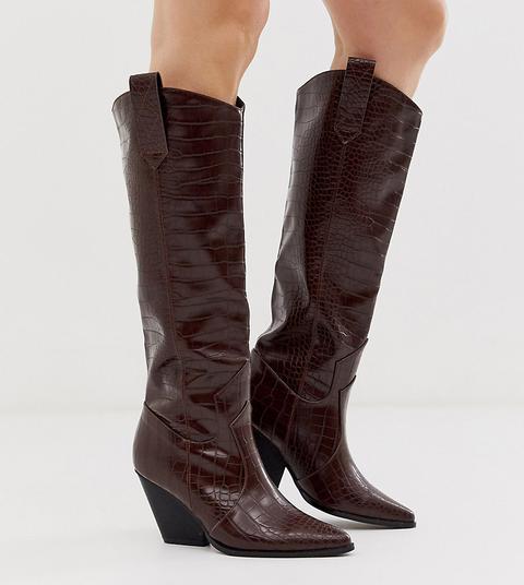 Z_code_z Exclusive Nuria Vegan Knee High Western Boots In Chocolate Croc-brown