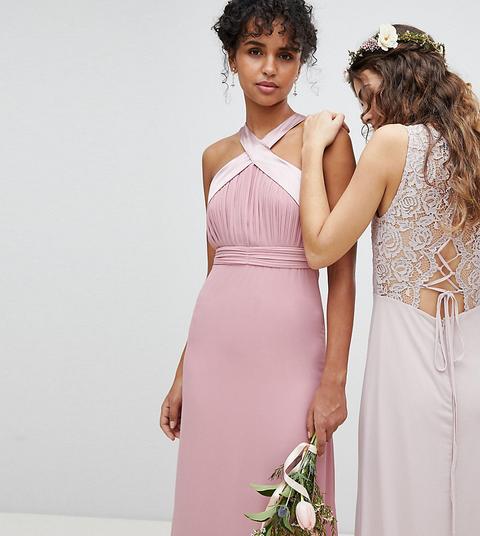 Vestido De Dama De Honor Largo Con Plisado Y Lazo En La Parte Posterior De Tfnc-rosa