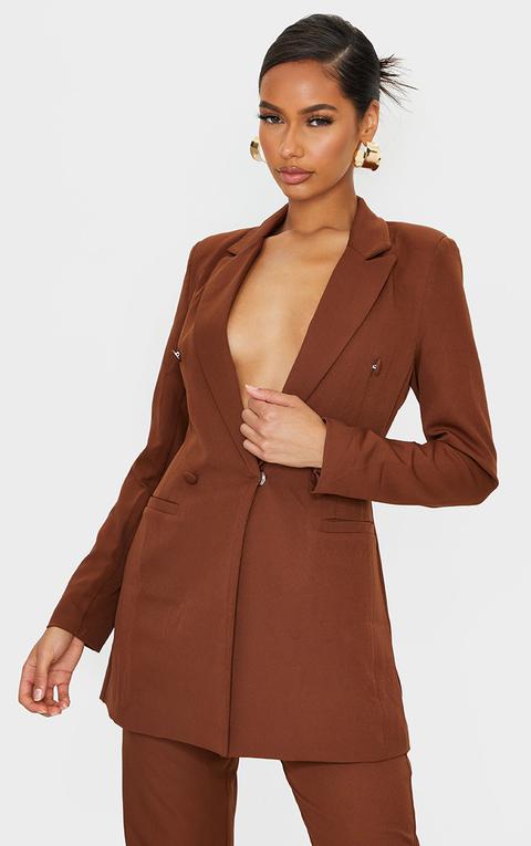 Chocolate Brown Double Breasted Woven Blazer