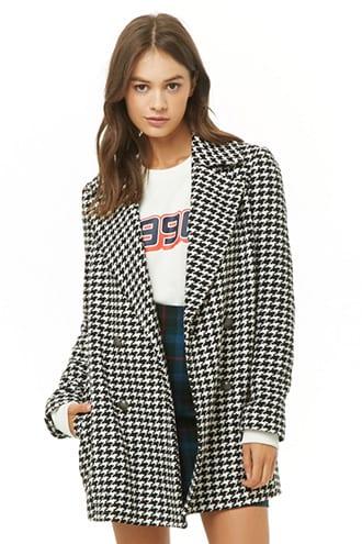 Forever 21 Houndstooth Double-breasted Coat Ivory/black