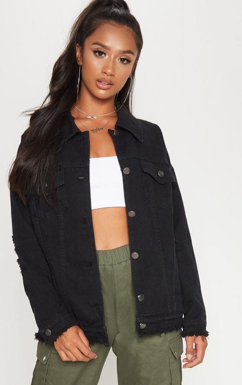 Petite - Veste En Jean Noire Oversized Déchirée, Noir