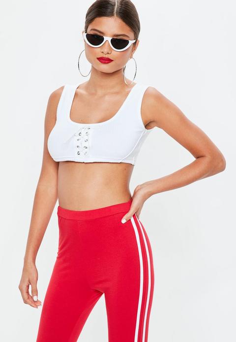 White Ribbed Lace Up Crop Top, White
