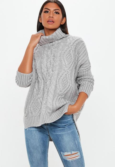 Grey Oversized Roll Neck Cable Knitted Jumper, Grey