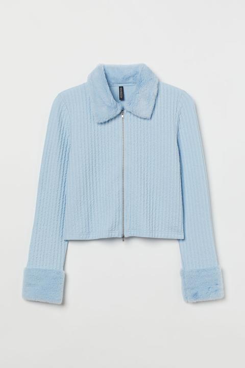 H & M+ Faux Fur-collar Cardigan - Blue