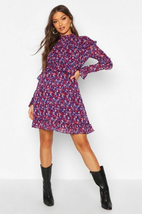 Vestido Skater Floral Con Cuello Alto Y Volante Tejido, Azul Marino