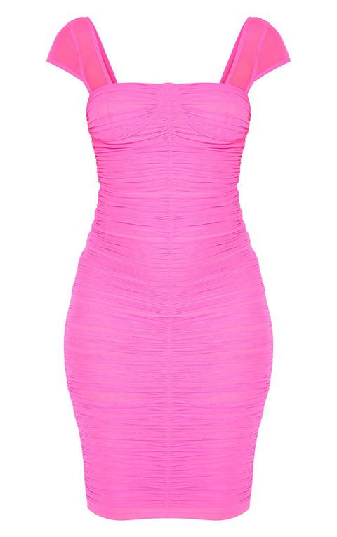 pink ruched midi dress