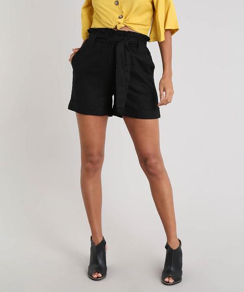 Short Feminino Clochard Em Linho Com Bolsos Preto