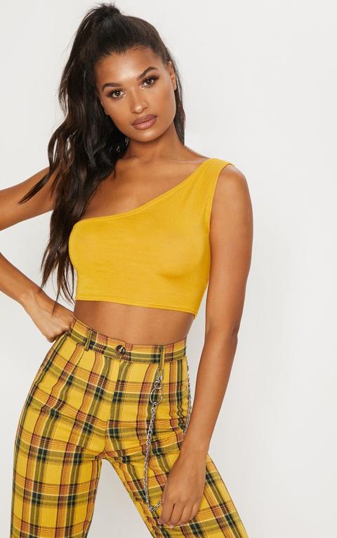 Basic Mustard Jersey One Shoulder Crop Top