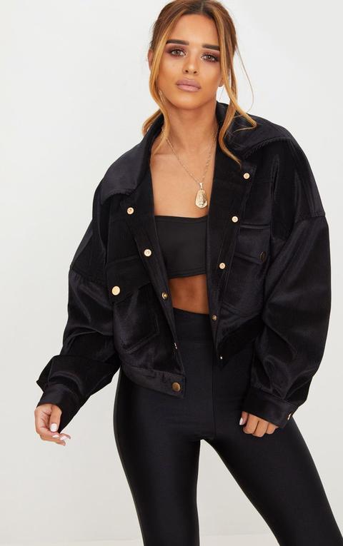 Petite Black Cropped Cord Oversized Trucker Jacket