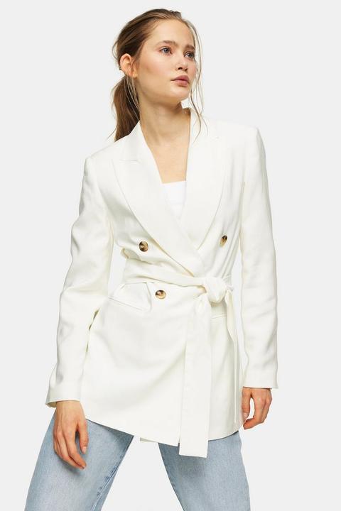 Ivory Belted Double Breasted Blazer