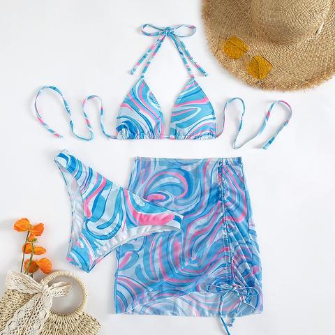 3pack Allover Print Halter Bikini Swimsuit & Cover Up