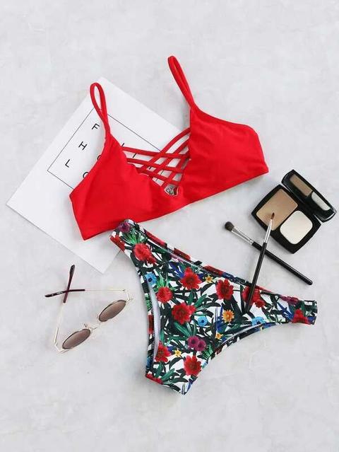 Sets De Bikini Con Estampado Floral Cruzados - Rojo