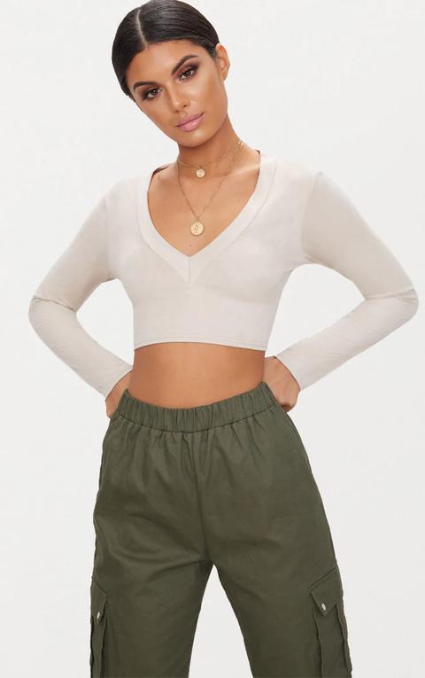 Stone Faux Suede Long Sleeve Crop Top, White