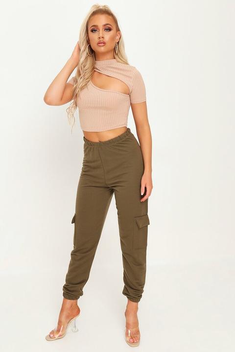 Stone Cut Out Short Sleeve High Neck Ribbed Crop Top